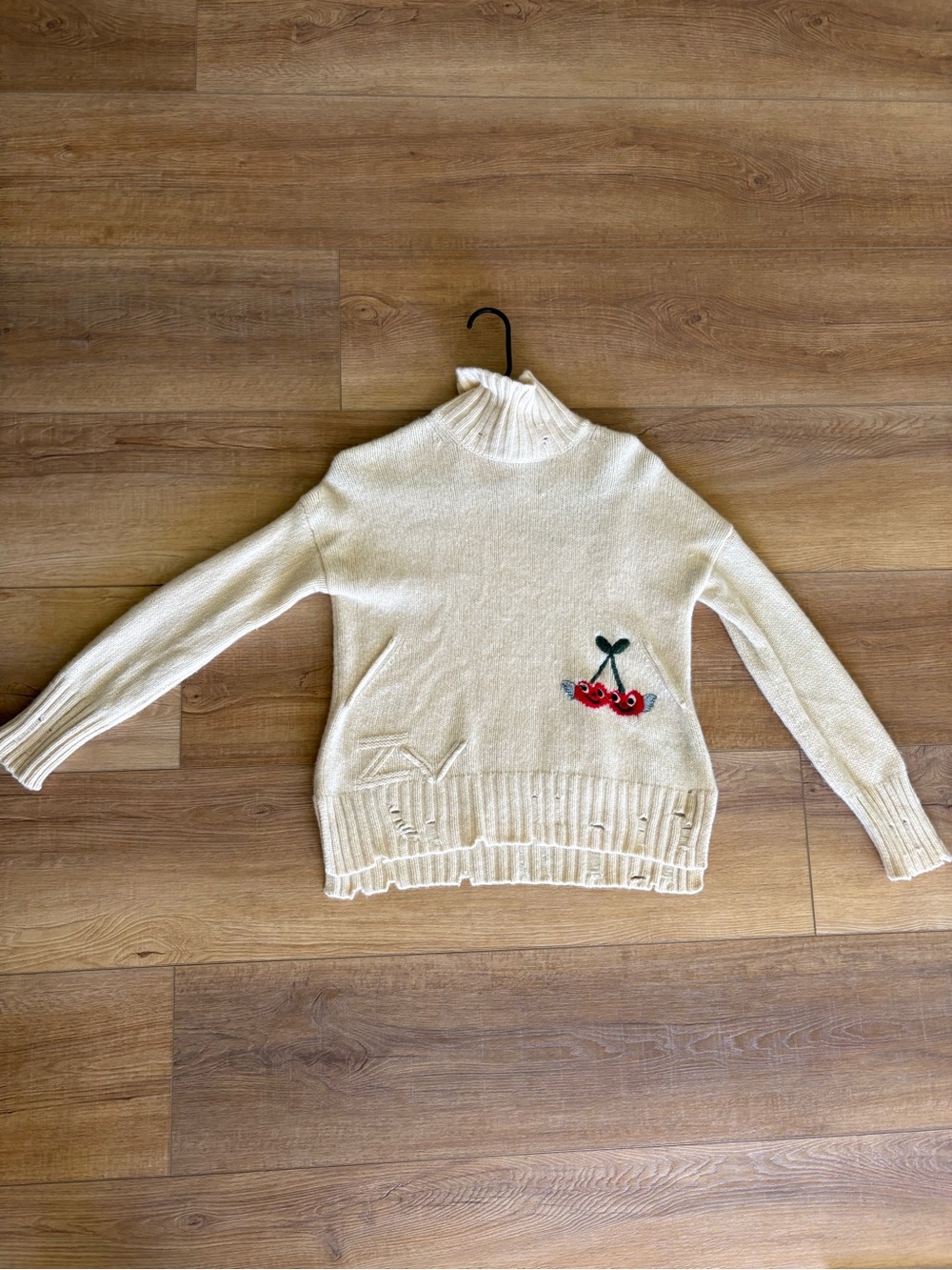 Zadig & Voltaire Cream Turtleneck Sweater with Cherry Embroidery